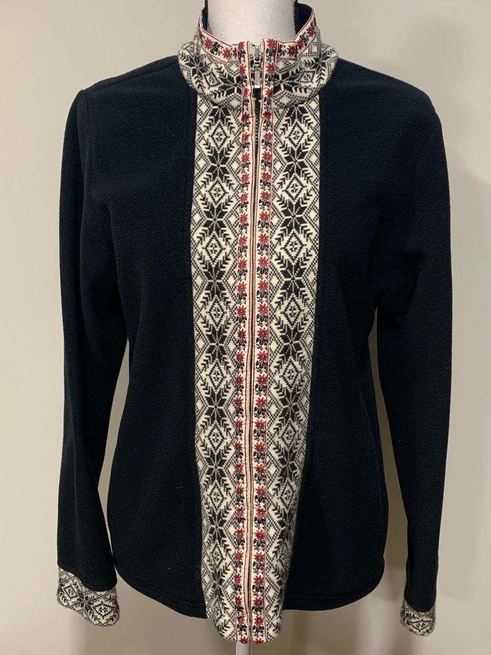 LL Bean Jacket Black Fleece Nordic Fair Isle Full Zip Sweater Grandmacore Size M